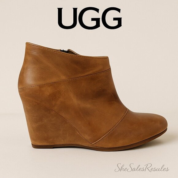 UGG Australia Carmine Leather Wedge Ankle Boots Chestnut Brown Women’s 8.5M - Picture 2 of 12
